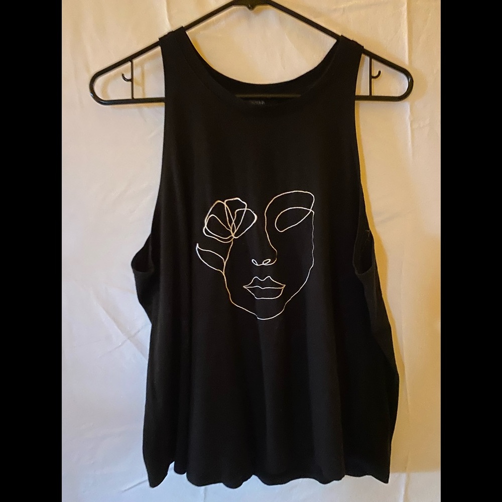 Line face art designed black thin strap tank top